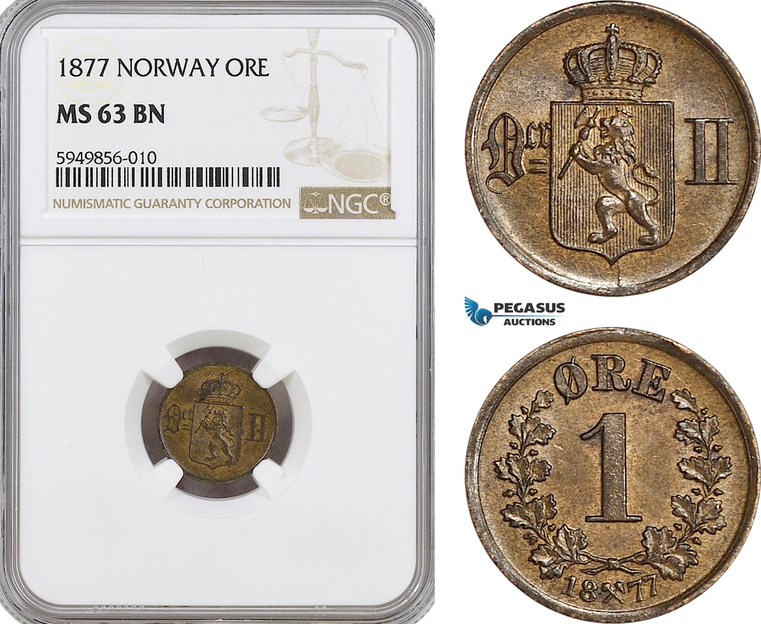 AG597, Norway, Oscar II, 1 Ore 1877, Kongsberg, NGC MS63BN