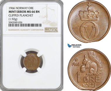 AG602, Norway, Olav V, 1 Ore 1966, Mint Error Clipped Planchet 1.92g, NGC MS66BN