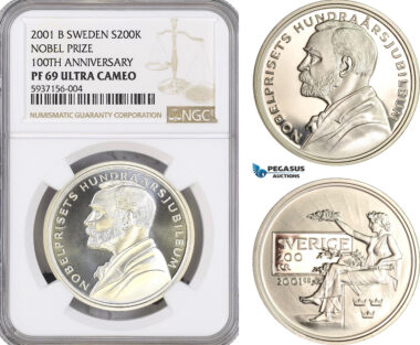 AG632, Sweden, Nobel Prize Centennial 200 Kronor 2001, Stockholm, Silver, NGC PF69UC