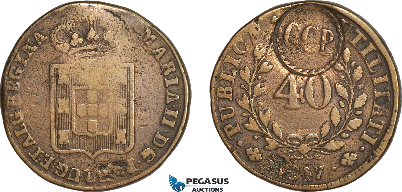AG675, Portugal, Maria II 1834-1853, (Pataco) 40 Reis 1847, Lisbon “CCP” C/S, F-VF
