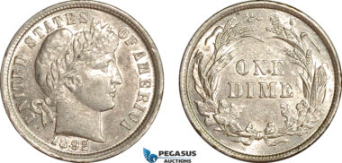 AG687, United States, Barber Dime (10C) 1892, Philadelphia, Silver, AU-UNC