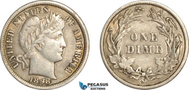AG689, United States, Barber Dime (10C) 1898-S, San Francisco, Silver, XF-AU