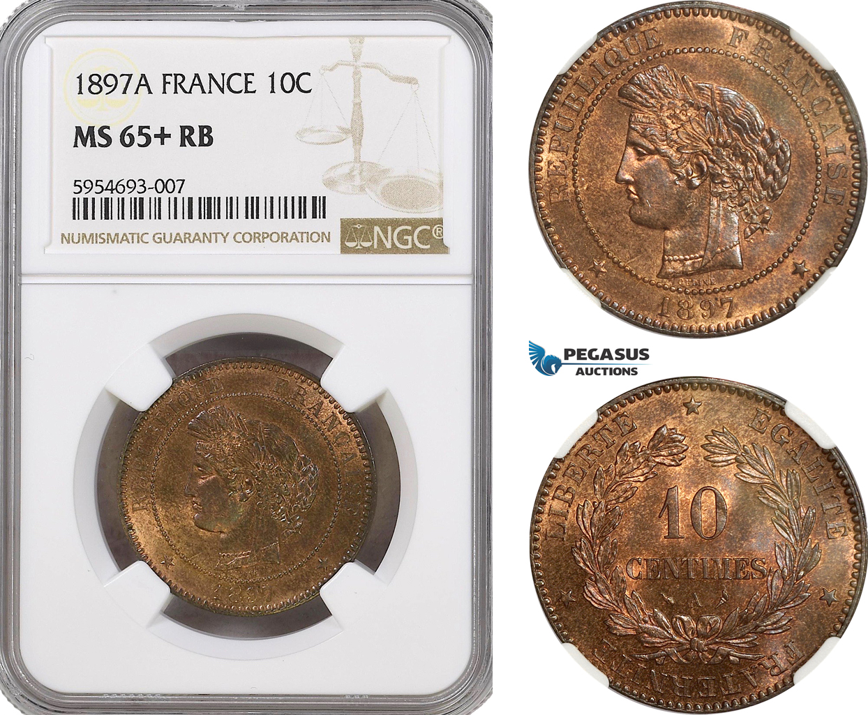 AG750, France, Third Republic, 10 Centimes 1897-A, Paris, NGC MS65+RB