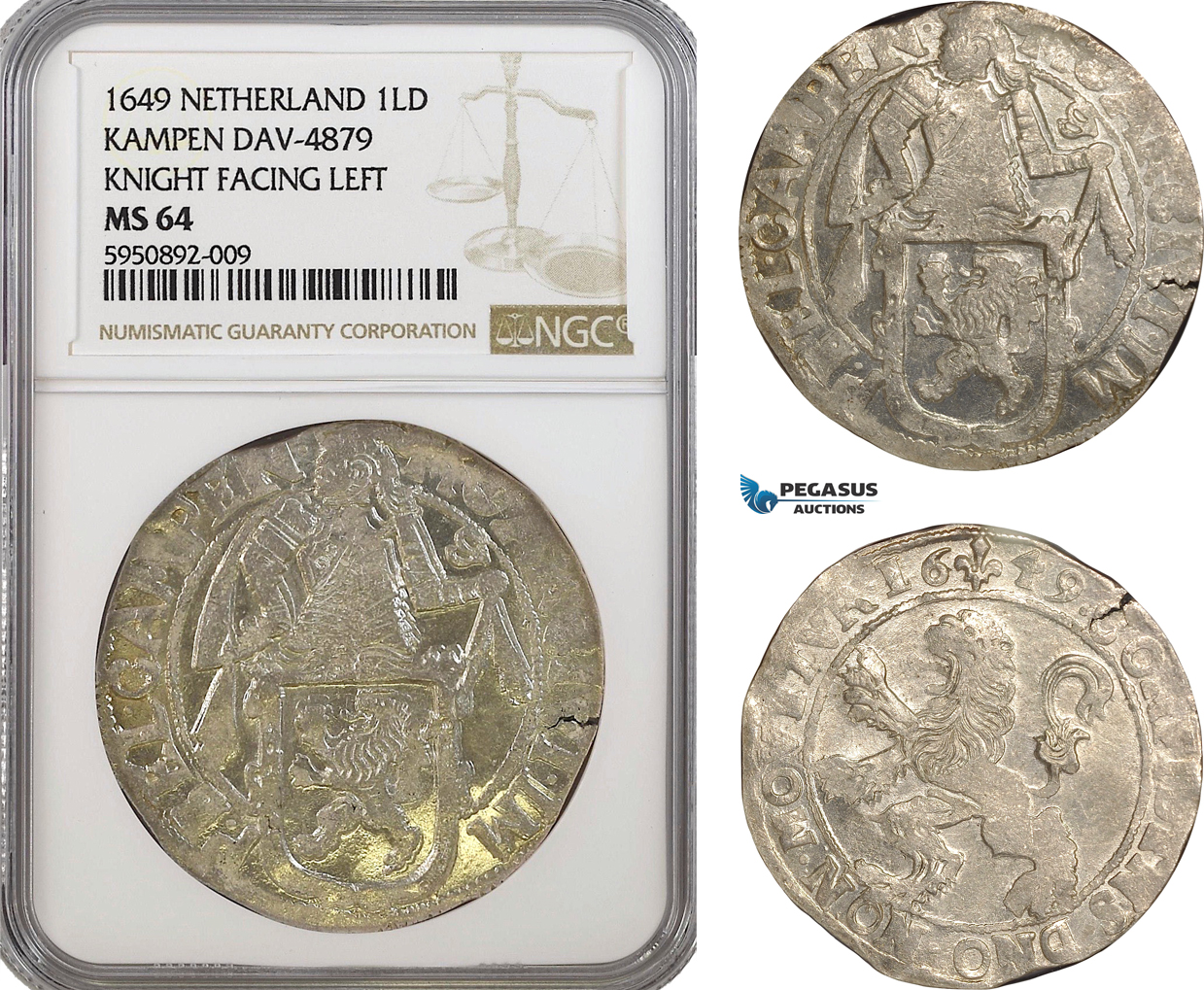 AG765, Netherlands, Kampen, Lion Daalder (1st American Dollar) 1649, Silver, NGC MS64