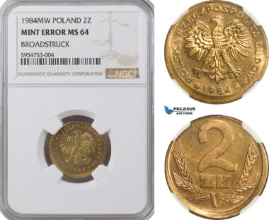 AG769, Poland, 2 Zlotych 1984-MW, Mint Error, Broadstruck, NGC MS64