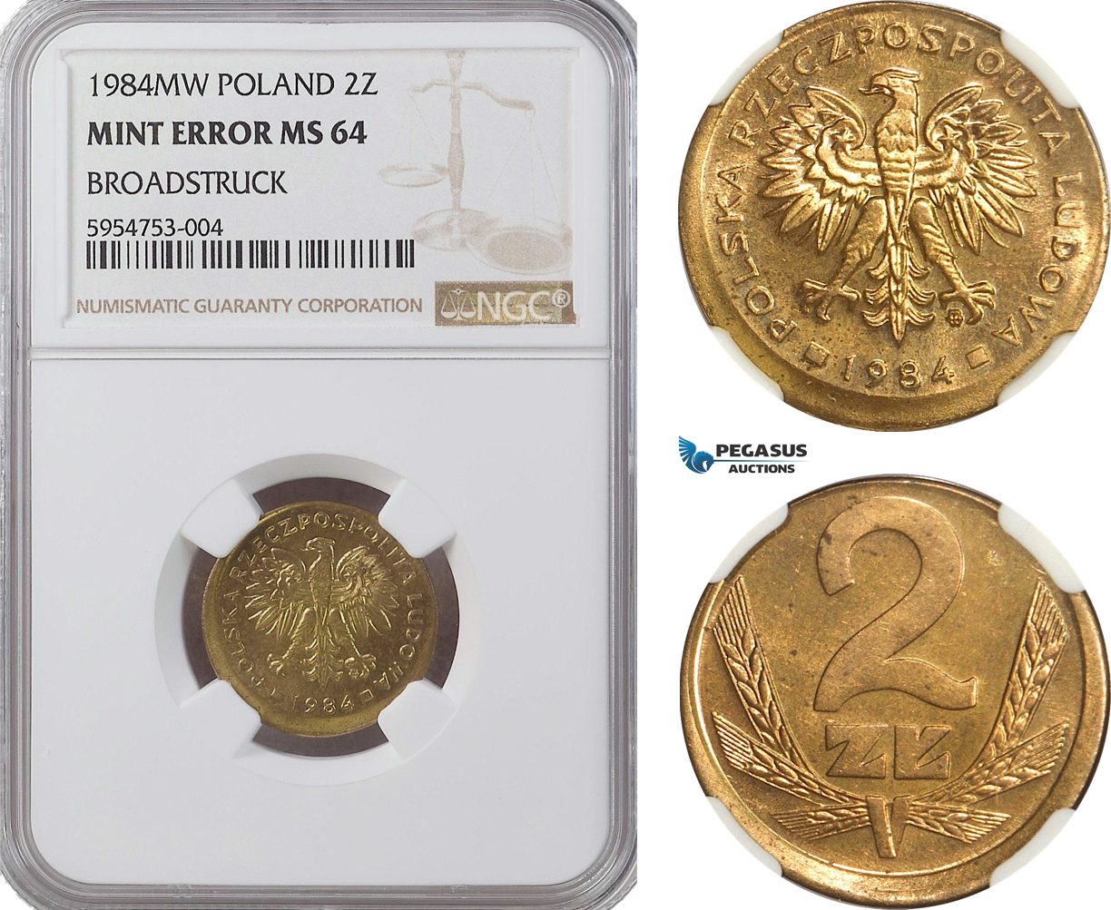 AG769, Poland, 2 Zlotych 1984-MW, Mint Error, Broadstruck, NGC MS64