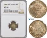 AG770, Portugal, Carlos I, 50 Reis 1889, Lisbon, Silver, NGC MS66, Pop 4/1