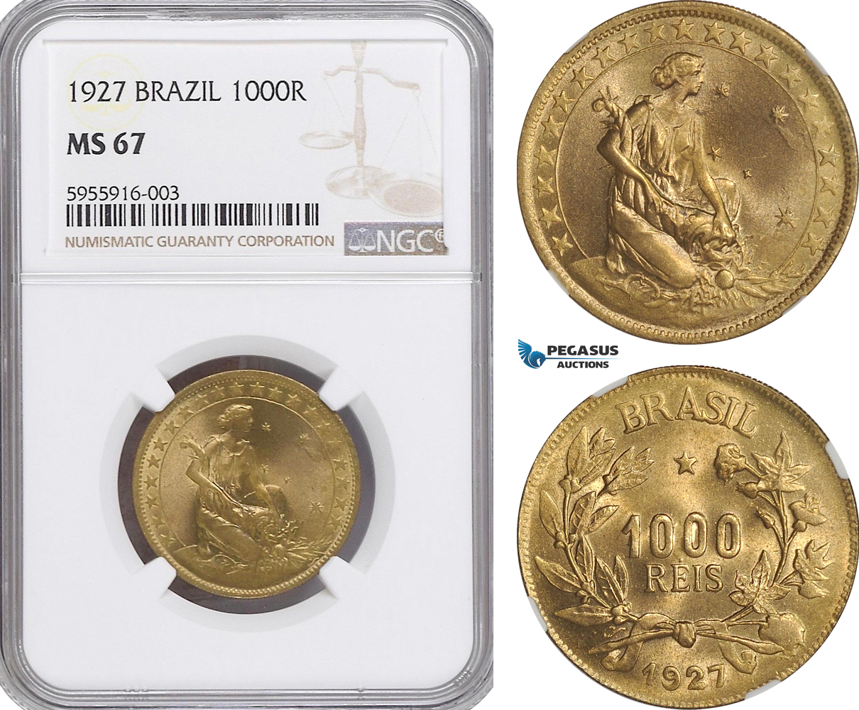 AG779, Brazil, 1000 Reis 1927, NGC MS67, pop 2/0
