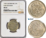 AG802, Luxembourg, 25 Centimes 1938, Coin Rotation, NGC MS64, Pop 1/1