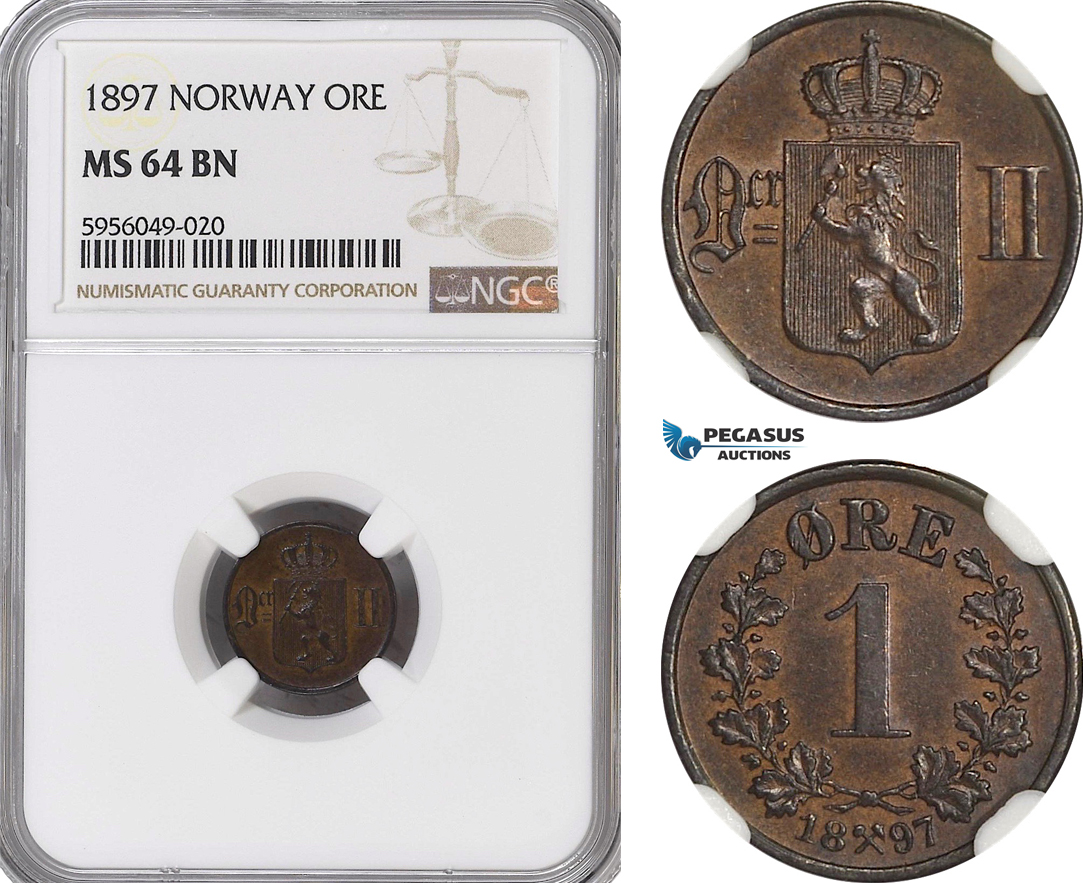 AG812, Norway, Oscar II, 1 Øre 1897, Kongsberg, NGC MS64BN