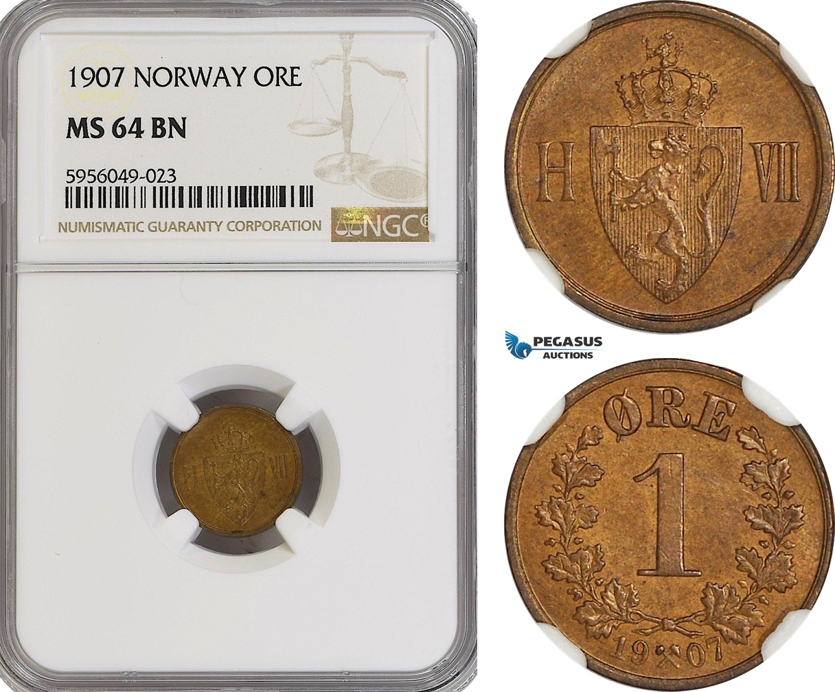 AG815, Norway, Haakon VII, 1 Øre 1907, Kongsberg, NGC MS64BN