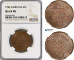 AG824, Palestine, 2 Mils 1942, London, NGC MS64BN