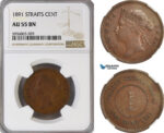AG850, Straits Settlements, Victoria, 1 Cent 1891, NGC AU55BN