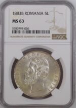AG866, Romania, Carol I, 5 Lei 1883-B, Bucharest, NGC MS63