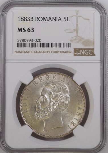 AG866, Romania, Carol I, 5 Lei 1883-B, Bucharest, NGC MS63