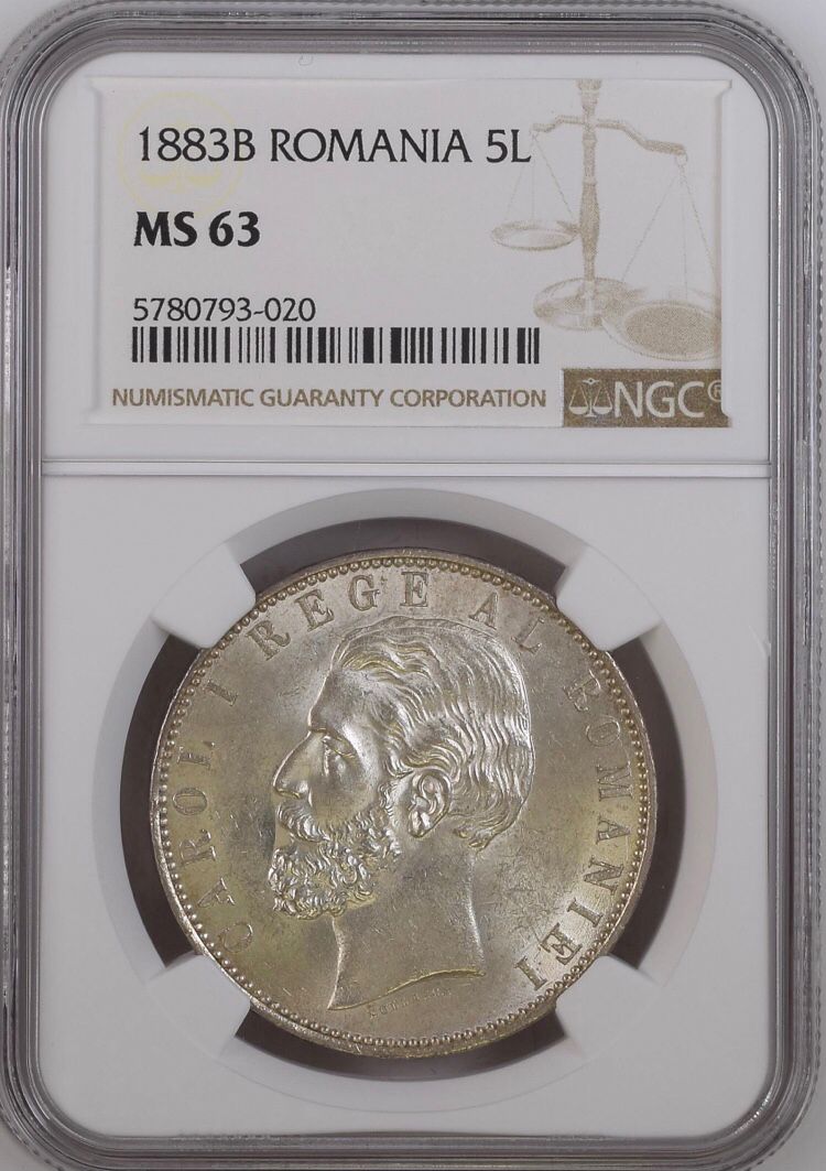 AG866, Romania, Carol I, 5 Lei 1883-B, Bucharest, NGC MS63