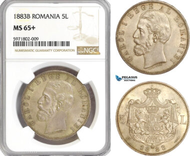 AG877, Romania, Carol I, 5 Lei 1883-B, Bucharest, Silver, NGC MS65+, Pop 1/0, Extremely Rare!
