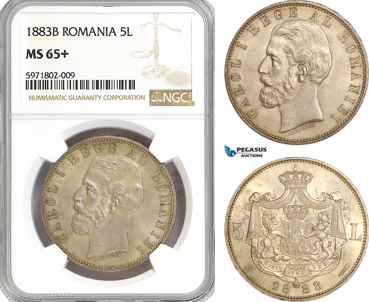 AG877, Romania, Carol I, 5 Lei 1883-B, Bucharest, Silver, NGC MS65+, Pop 1/0, Extremely Rare!