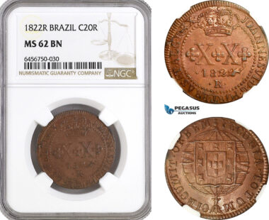 AG933, Brazil, Joao VI, 20 Reis 1822 R, Rio de Janeiro Mint, KM# 316, NGC MS62BN