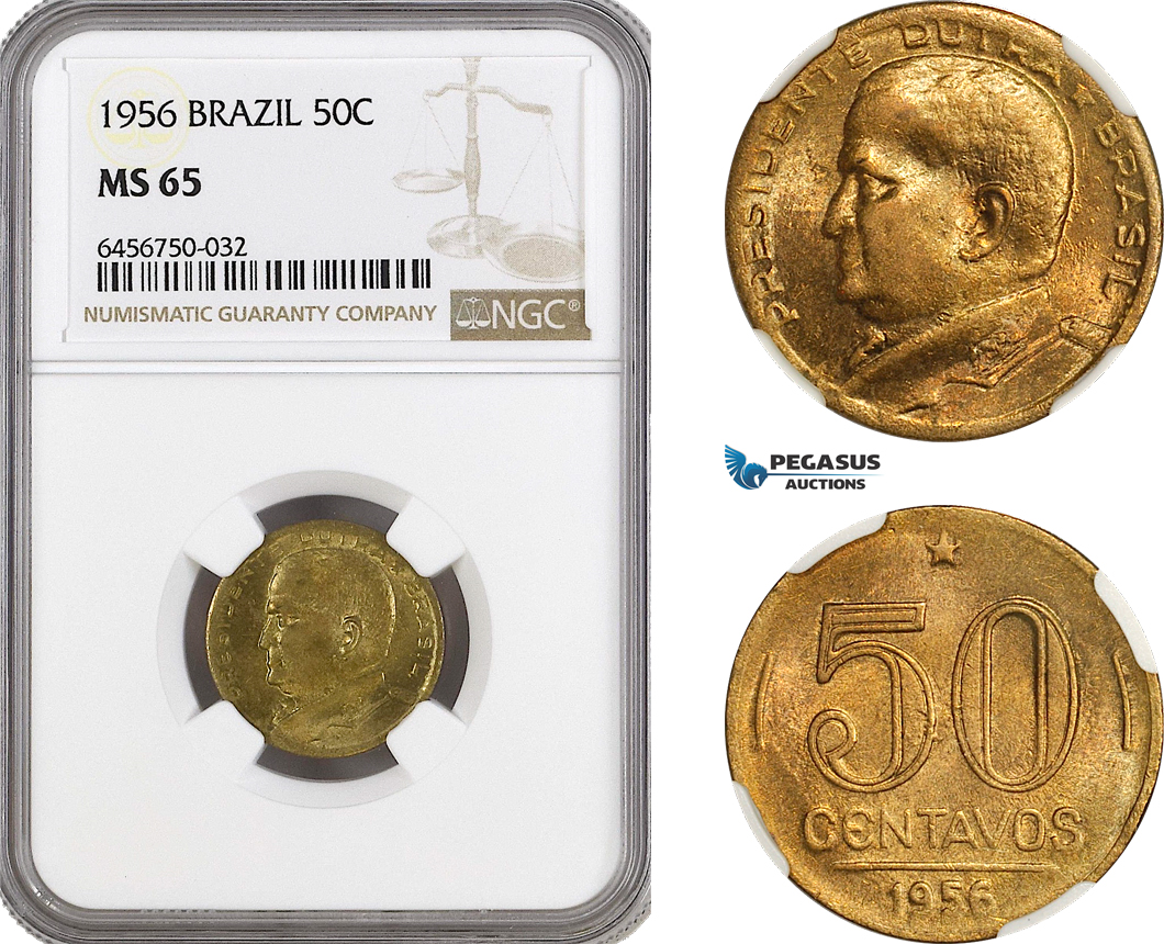 AG934, Brazil, 50 Centavos 1956 "Eurico Gaspar Dutra" Rio de Janeiro Mint, KM# 563, NGC MS65, Top Pop!
