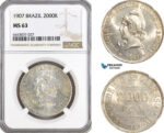 AG937, Brazil, 2000 Reis 1907, Rio de Janeiro Mint, Silver, KM# 508, NGC MS63
