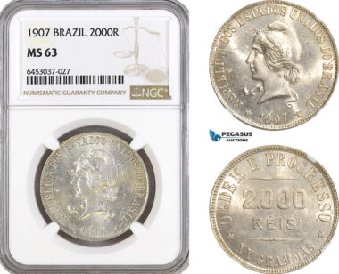 AG937, Brazil, 2000 Reis 1907, Rio de Janeiro Mint, Silver, KM# 508, NGC MS63