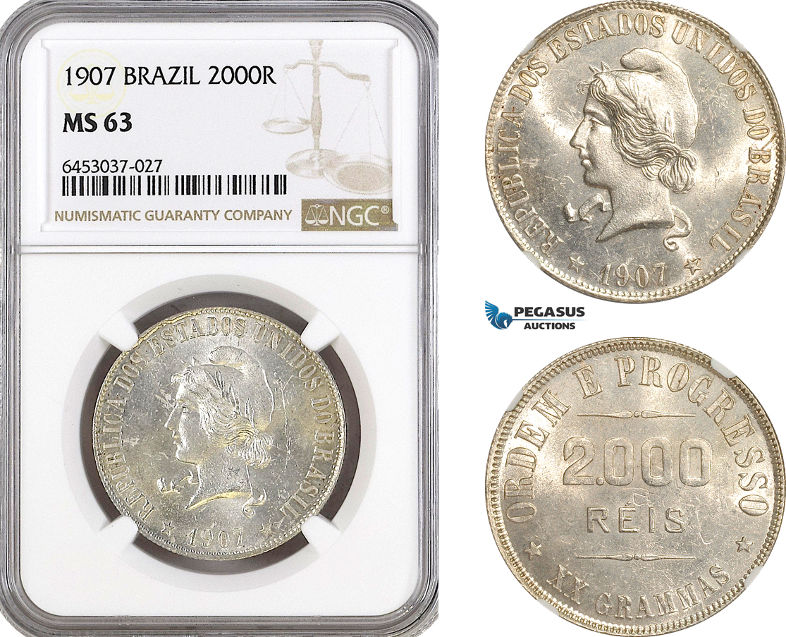 AG937, Brazil, 2000 Reis 1907, Rio de Janeiro Mint, Silver, KM# 508, NGC MS63