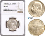 AG940, Brazil, 5000 Reis 1938, Santos Dumont, Rio de Janeiro Mint, Silver, KM# 543, NGC MS64
