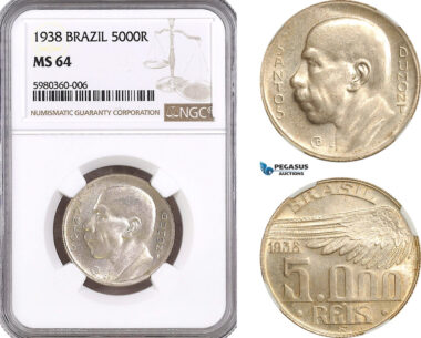AG940, Brazil, 5000 Reis 1938, Santos Dumont, Rio de Janeiro Mint, Silver, KM# 543, NGC MS64