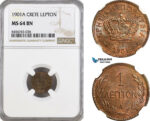 AG954, Crete, George I. of Greece, 1 Lepton 1901 A, Paris Mint, KM# 1, NGC MS64BN