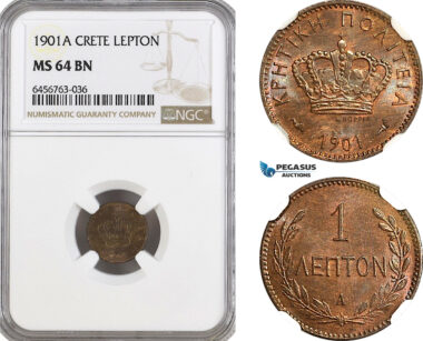 AG954, Crete, George I. of Greece, 1 Lepton 1901 A, Paris Mint, KM# 1, NGC MS64BN