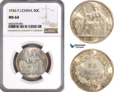 AG963, French Indo-China, 50 Centimes 1936, Paris Mint, Silver, KM#4a.2, NGC MS64