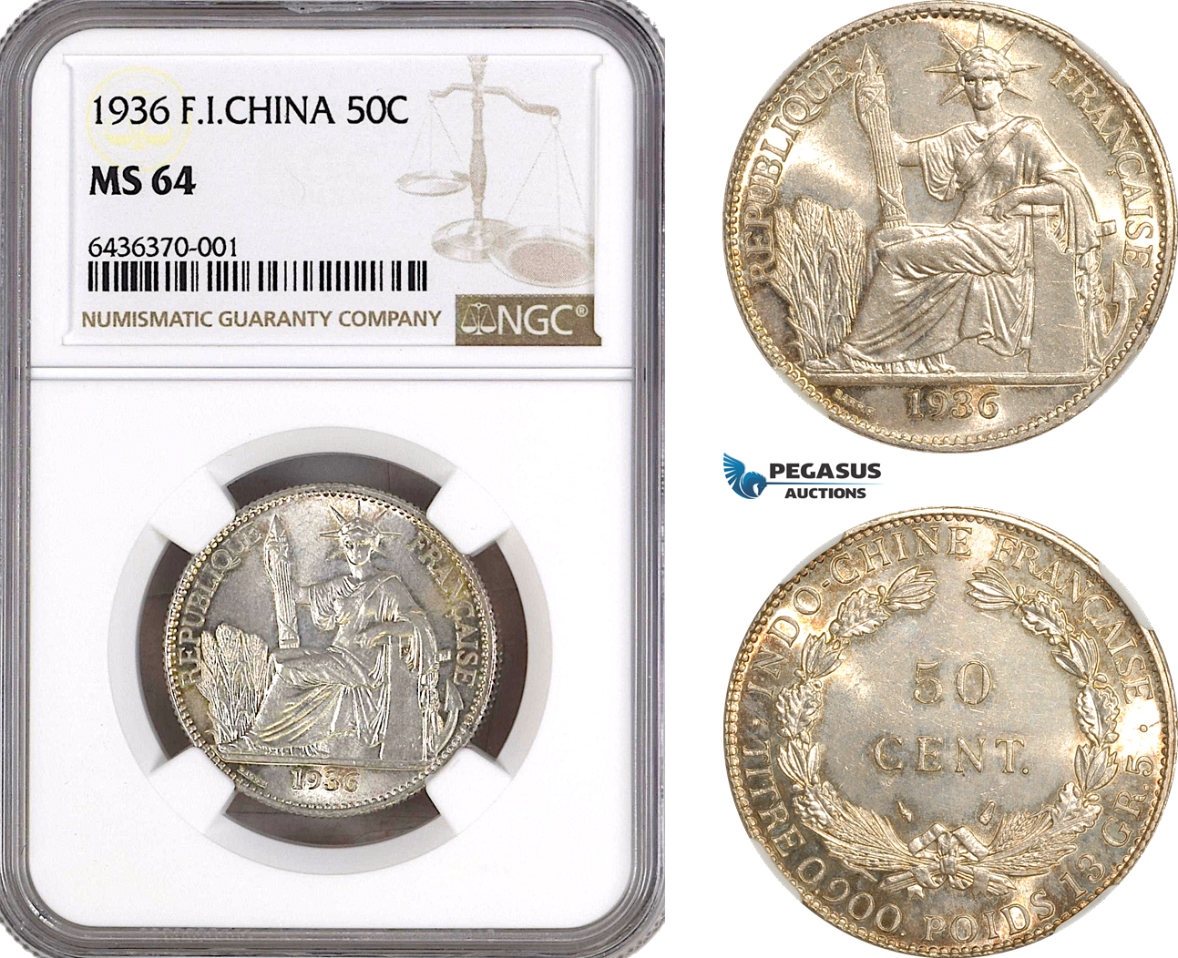 AG963, French Indo-China, 50 Centimes 1936, Paris Mint, Silver, KM#4a.2, NGC MS64