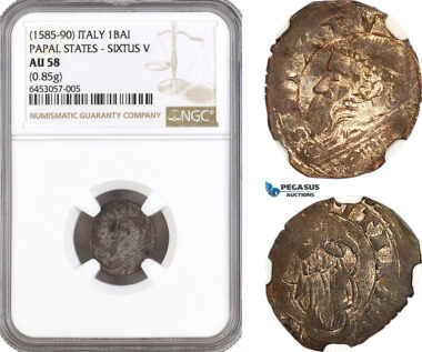 AG969, Italy, Papal States, Sixtus V, 1 Baiocco 1585-90, Silver, NGC AU58, Pop 1/0