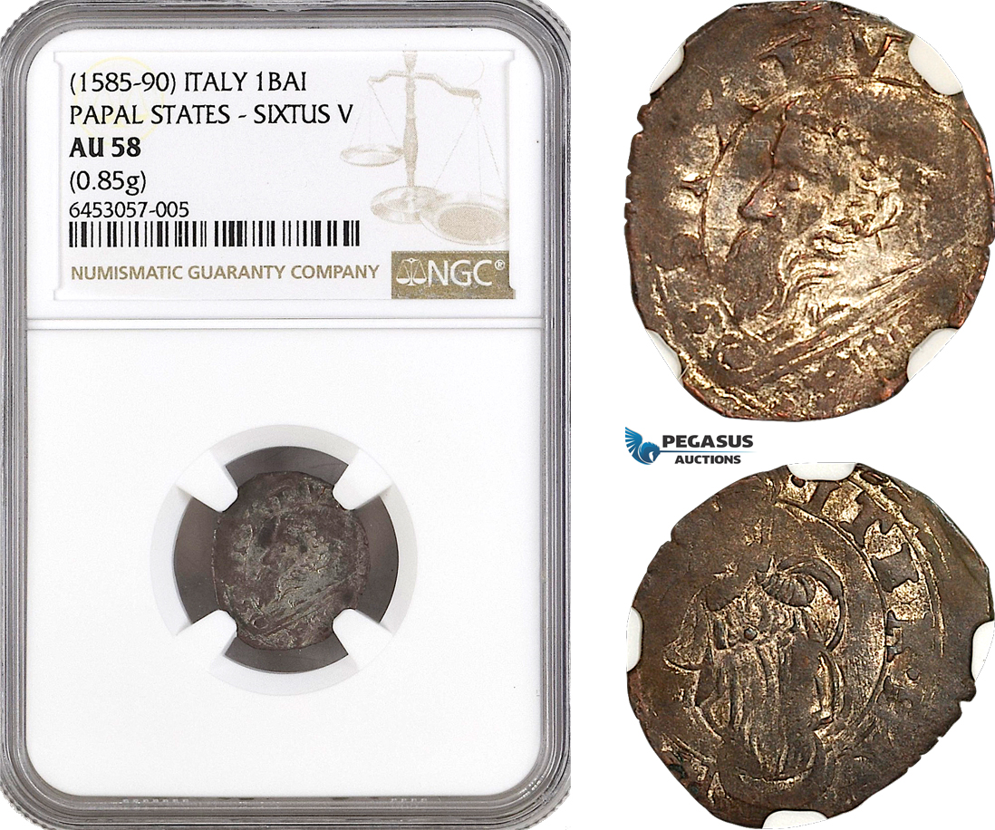 AG969, Italy, Papal States, Sixtus V, 1 Baiocco 1585-90, Silver, NGC AU58, Pop 1/0
