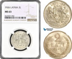AG973, Latvia, 2 Lati 1926, London Mint, Silver, KM# 8, NGC MS63