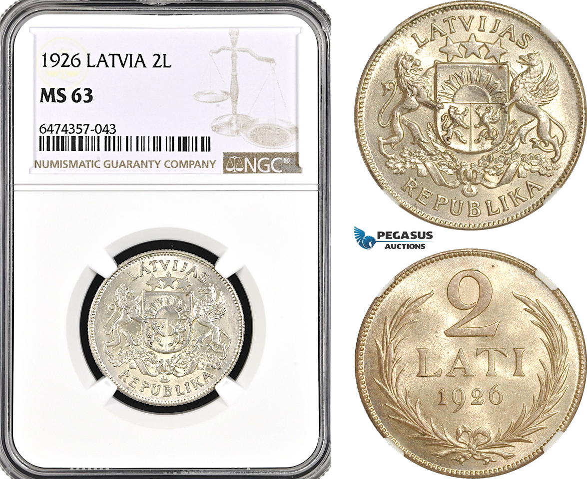 AG973, Latvia, 2 Lati 1926, London Mint, Silver, KM# 8, NGC MS63