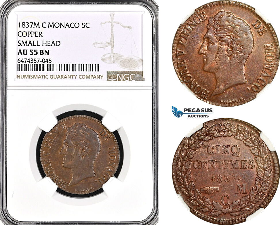 AG979, Monaco, Honore V, 5 Centimes 1837 M, Copper, Small Head, KM# 95.2a, NGC AU55BN