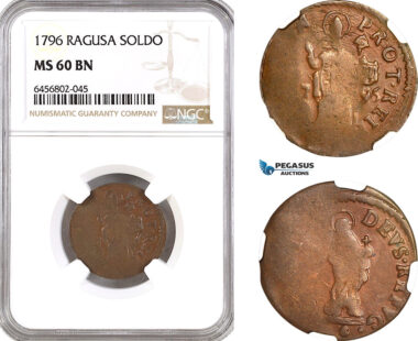 AG989, Ragusa, 1 Soldo 1796, KM# 6, NGC MS60BN, Pop 1/0