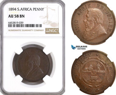 AH12, South Africa (ZAR) 1 Penny 1894, Pretoria Mint, KM# 2, NGC AU58BN