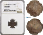 AH146, Sweden, Oscar I, 1/2 Öre 1857, Stockholm Mint, NGC MS65BN