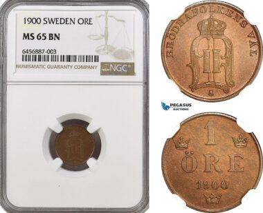 AH147, Sweden, Oscar II, 1 Öre 1900, Stockholm Mint, NGC MS65BN