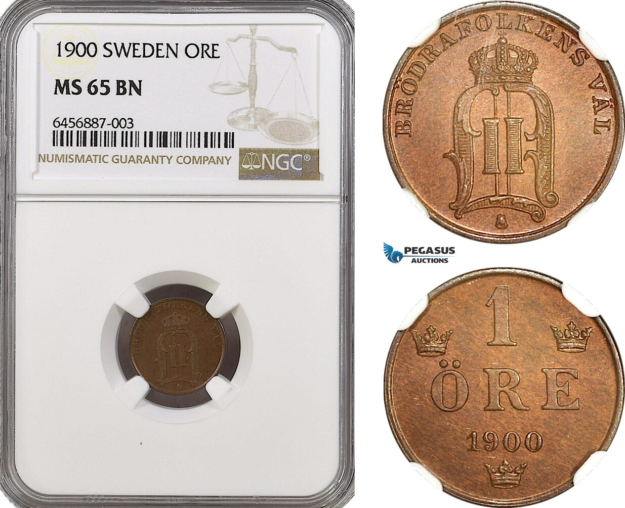 AH147, Sweden, Oscar II, 1 Öre 1900, Stockholm Mint, NGC MS65BN