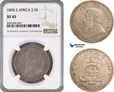 AH15, South Africa (ZAR) 2 1/2 Shillings 1895, Pretoria Mint, Silver, KM# 7, NGC XF45