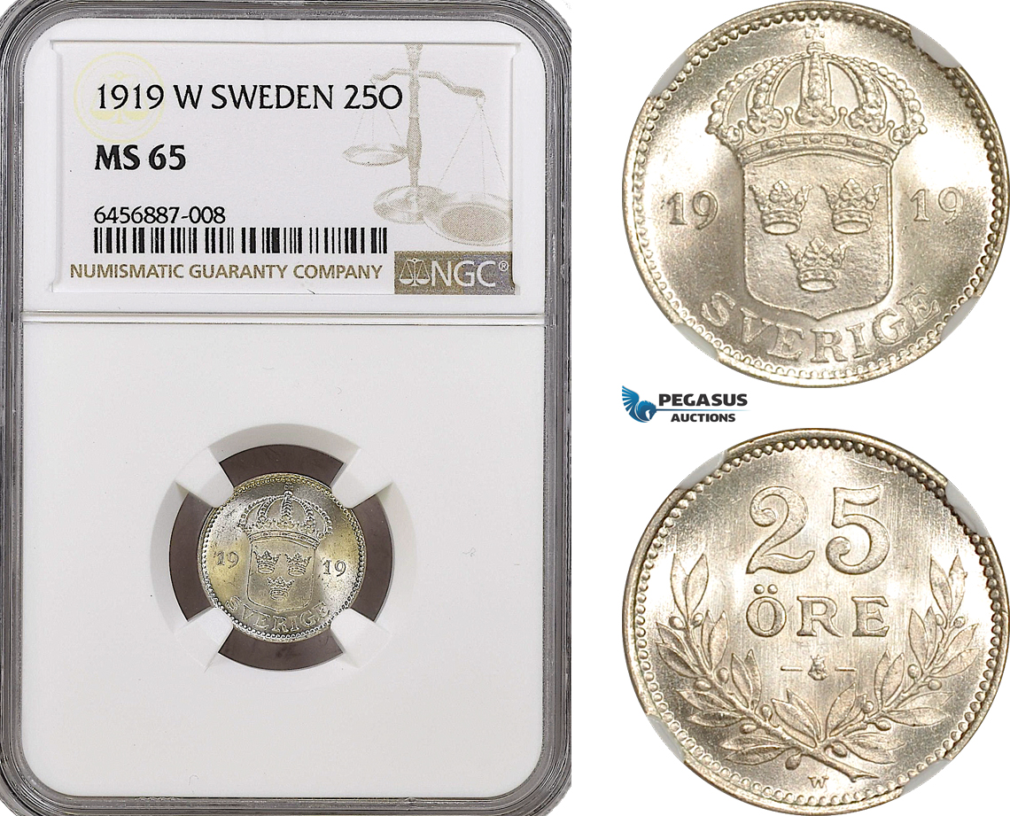AH150, Sweden, Gustaf V, 25 Öre 1919 W, Stockholm Mint, Silver, NGC MS65