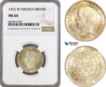 AH151, Sweden, Gustaf V, 1 Krona 1915 W, Stockholm Mint, Silver, NGC MS64