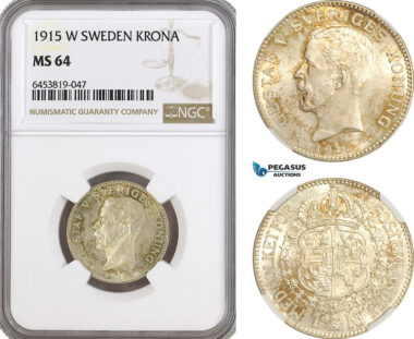 AH151, Sweden, Gustaf V, 1 Krona 1915 W, Stockholm Mint, Silver, NGC MS64