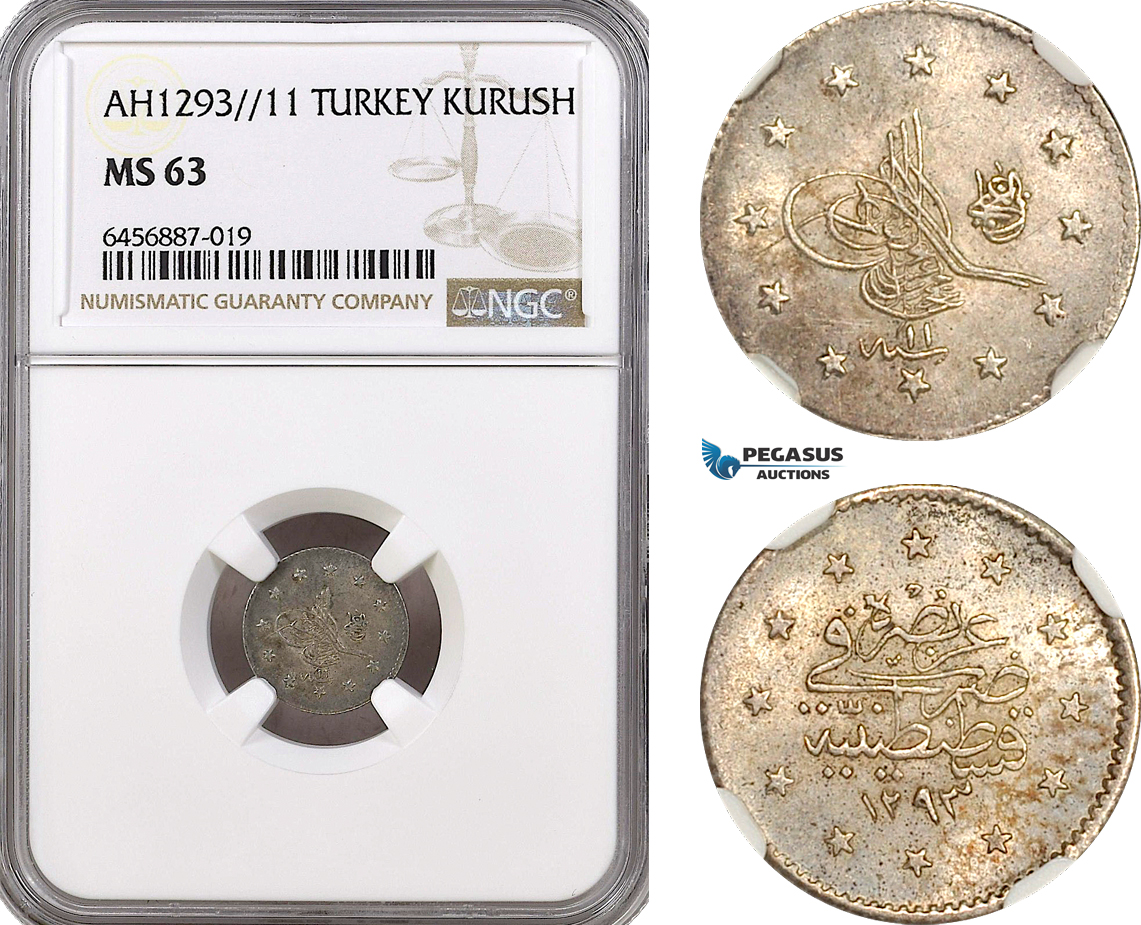 AH161, Turkey (Ottoman Empire) Abdülhamid II, 1 Kurush AH1293/11, Silver, NGC MS63