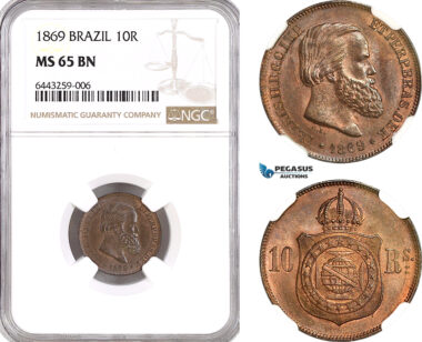 AH176, Brazil, Pedro II, 10 Reis 1869, NGC MS65BN, Top Pop
