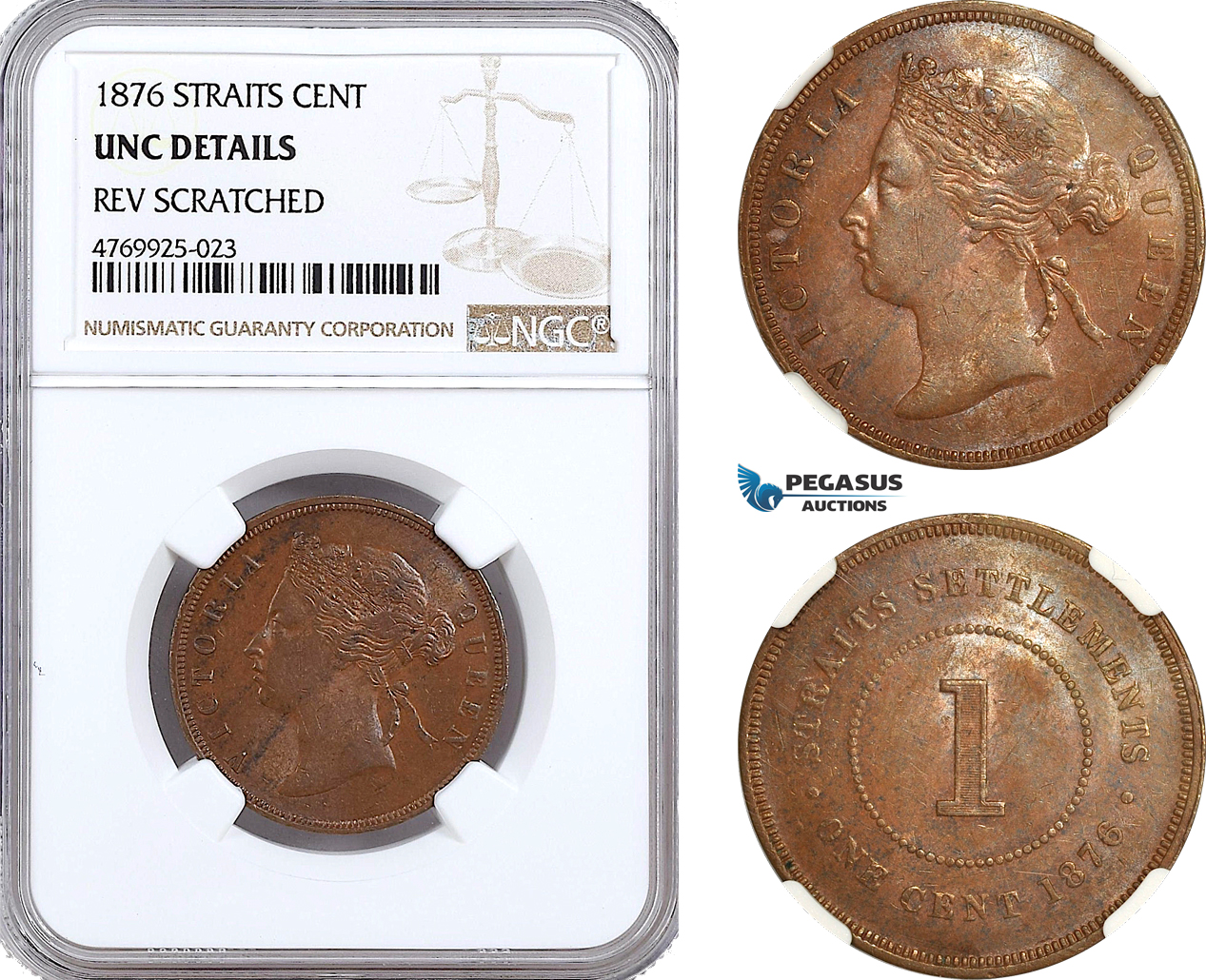 AH20, Straits Settlements, Victoria, 1 Cent 1876, Calcutta Mint, KM# 9, NGC UNC Details